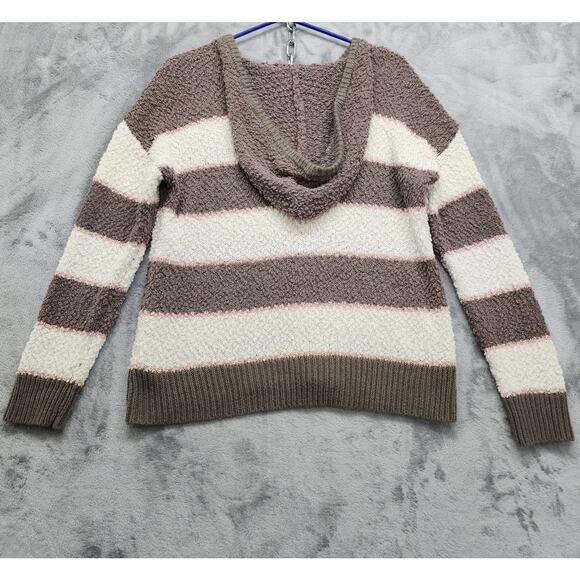 Maurices Sweater Womens M Brown Cream Pin Striped Hooded Pullover Popcorn Knit - Picture 2 of 9